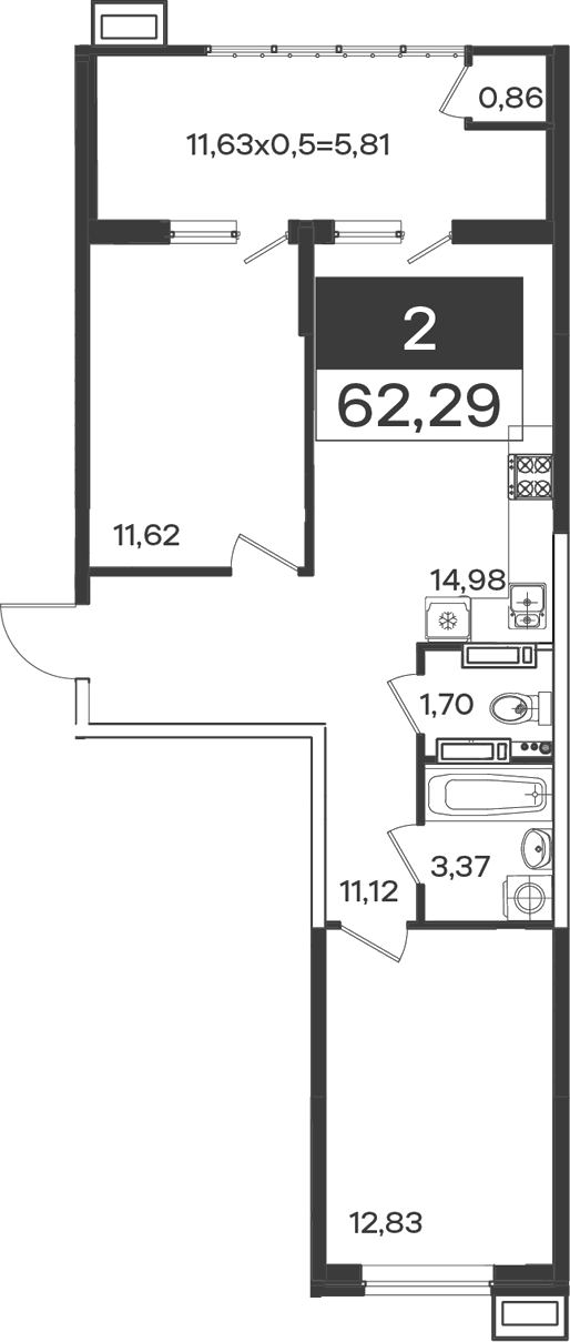 2-комн., 55.62 м², 16/18 этаж, ЖК «Образцово»
