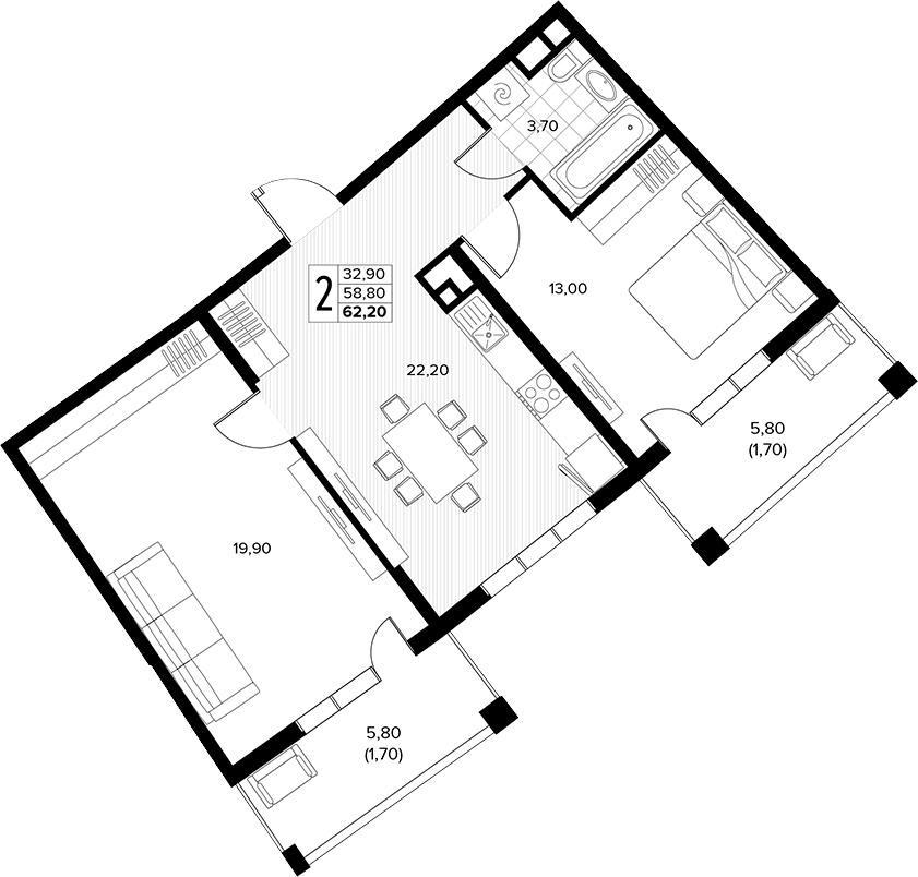 2-комн., 58.8 м², 4/8 этаж, ЖК «Кипарис»
