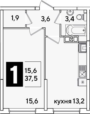 1-комн., 37.5 м², 7/16 этаж, ЖК «Самолет»