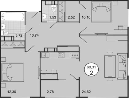 3-комн., 65.53 м², 8/9 этаж, ЖК «Событие»