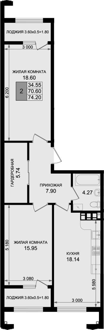 2-комн., 70.6 м², 2/8 этаж, ЖК «Резиденция морей»