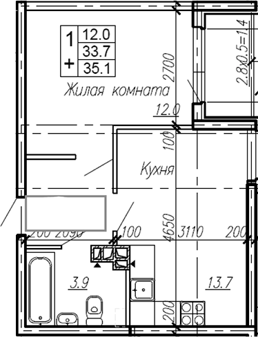 1-комн., 33.7 м², 4/4 этаж, ЖК «Эво»