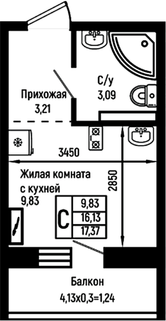 Студия, 16.13 м², 3/9 этаж, ЖК «Ботаника Хиллс»