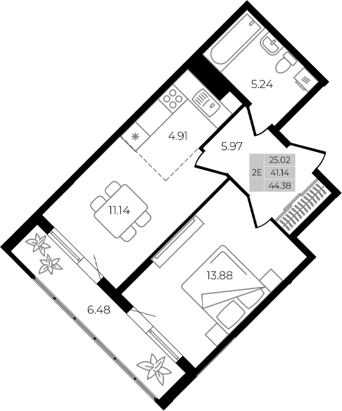 2-комн., 41.14 м², 2/8 этаж, ЖК «Курортный регион»