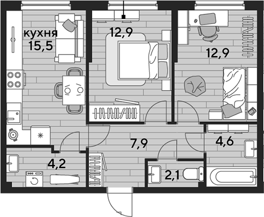 2-комн., 60.1 м², 2/16 этаж, ЖК «DОГМА ПАРК»
