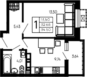 1-комн., 32.68 м², 10/14 этаж, ЖК «Эпос»