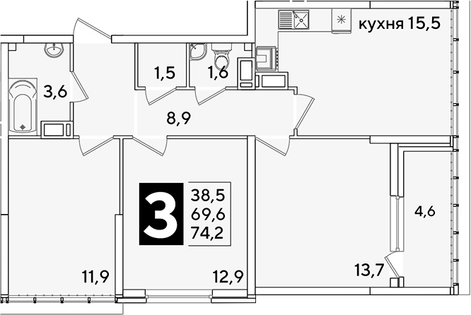 Продается 4-комн. квартира, 69.6 м²