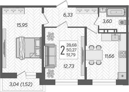 2-комн., 50.27 м², 6/12 этаж, ЖК «Смородина»