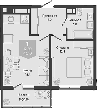 2-комн., 41.6 м², 23/24 этаж, ЖК «Облака»