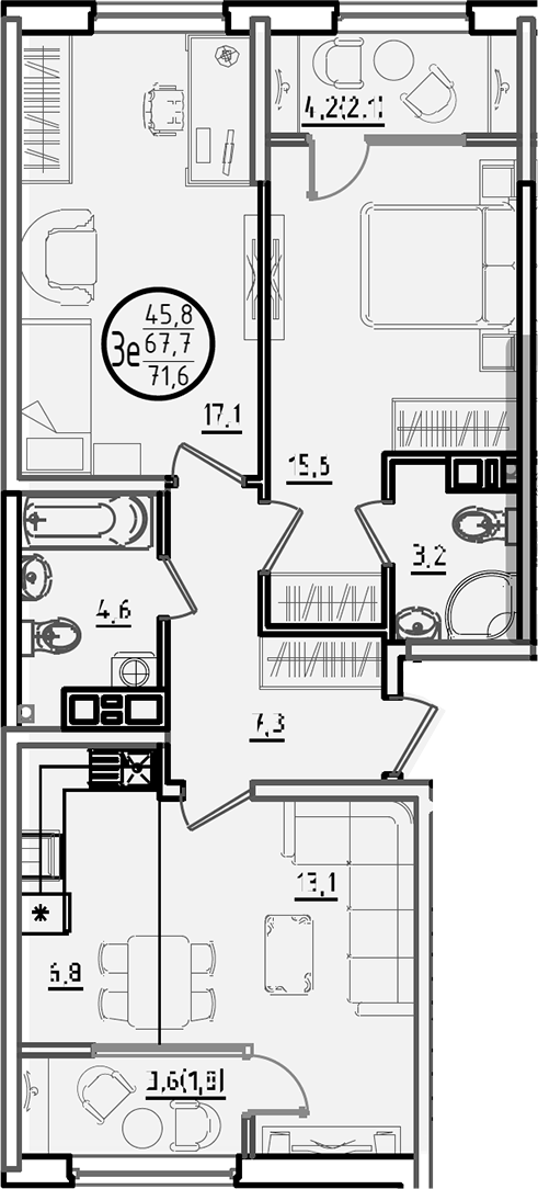 3-комн., 67.7 м², 6/9 этаж, ЖК «Первое место»
