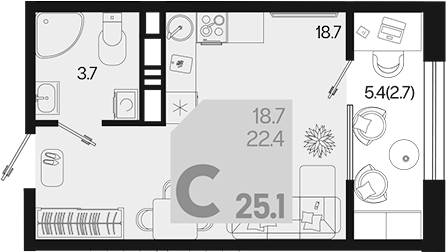 Студия, 22.4 м², 18/18 этаж, ЖК «Первое место»