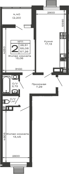 Продается 2-комн. квартира, 55.06 м²