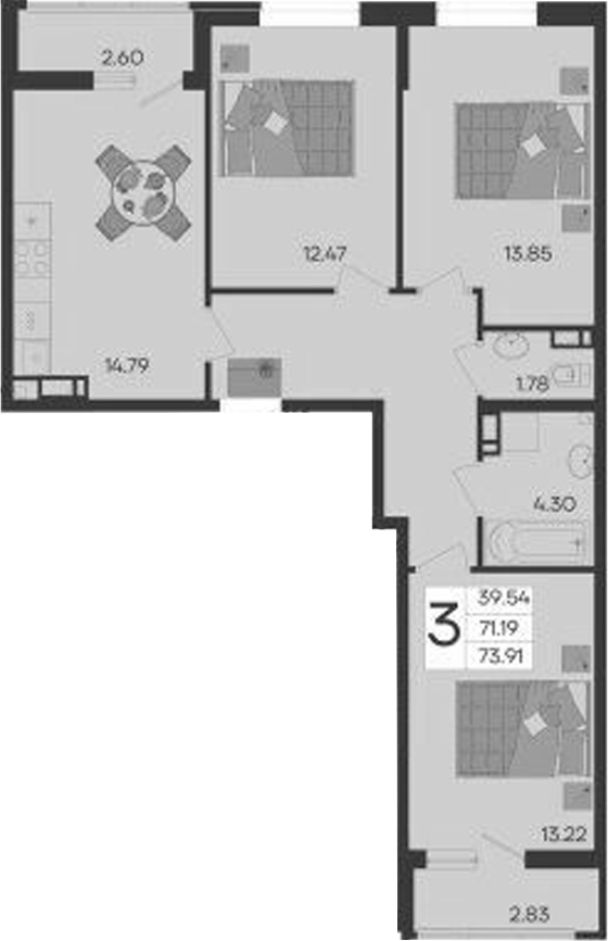 3-комн., 71.19 м², 6/9 этаж, ЖК «Дом 101»