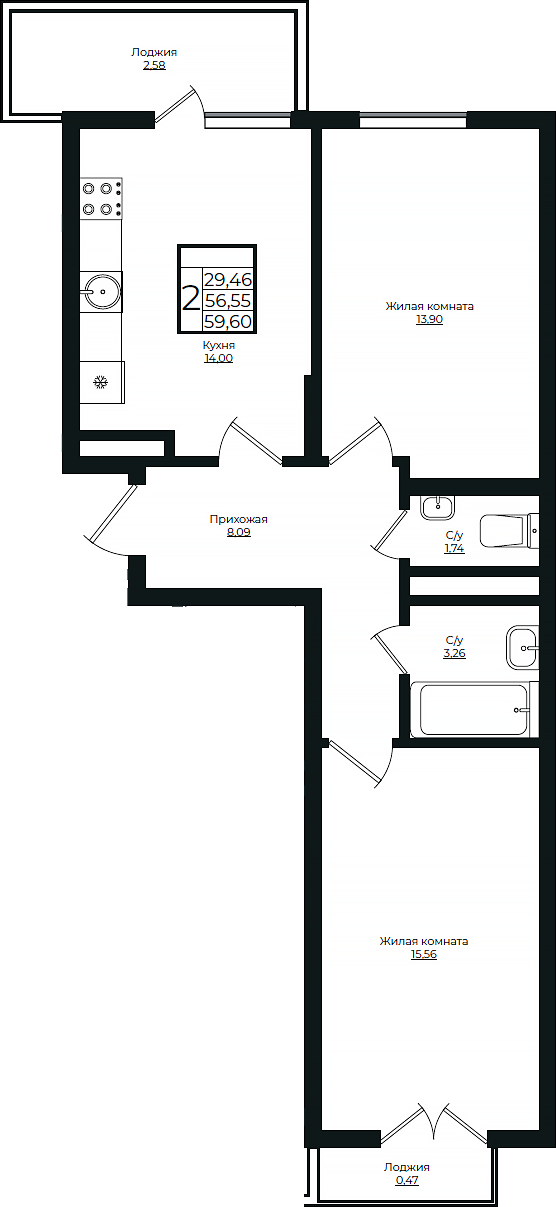 2-комн., 56.55 м², 3/10 этаж, ЖК «Европа-Сити»