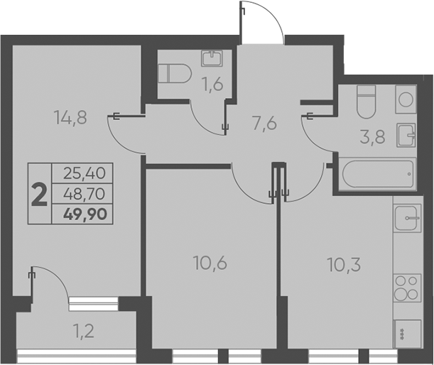 2-комн., 48.7 м², 11/15 этаж, ЖК «Барса»