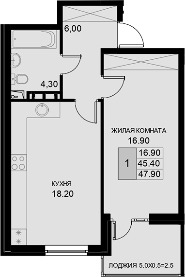 1-комн., 45.4 м², 6/7 этаж, ЖК «История»