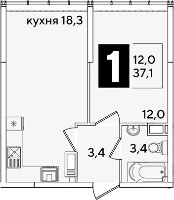 2-комн., 37.1 м², 15/16 этаж, ЖК «Самолет»