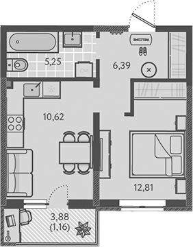 1-комн., 35.07 м², 3/9 этаж, ЖК «Теплые края»