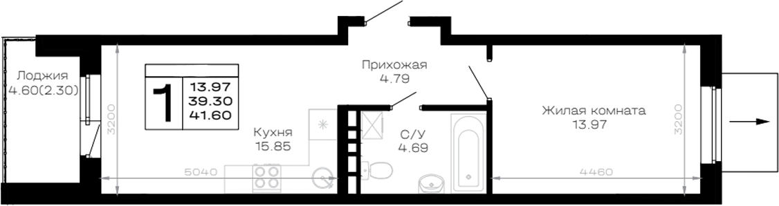 1-комн., 39.3 м², 1/4 этаж, ЖК «Усадьба Гостагаевская»