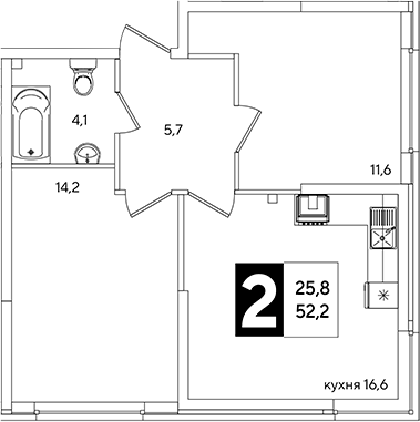 3-комн., 52.2 м², 1/16 этаж, ЖК «Самолет»