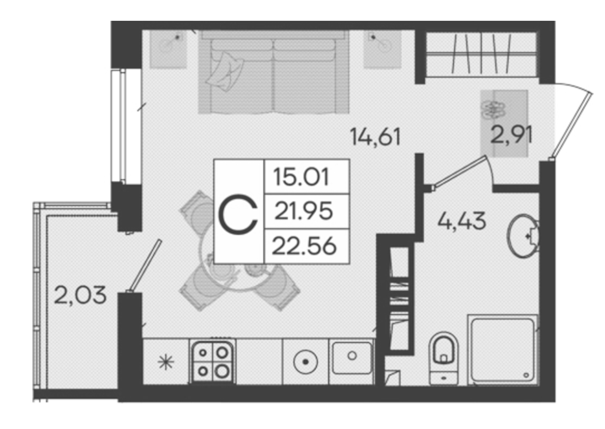 Студия, 21.95 м², 7/9 этаж, ЖК «Дом 101»