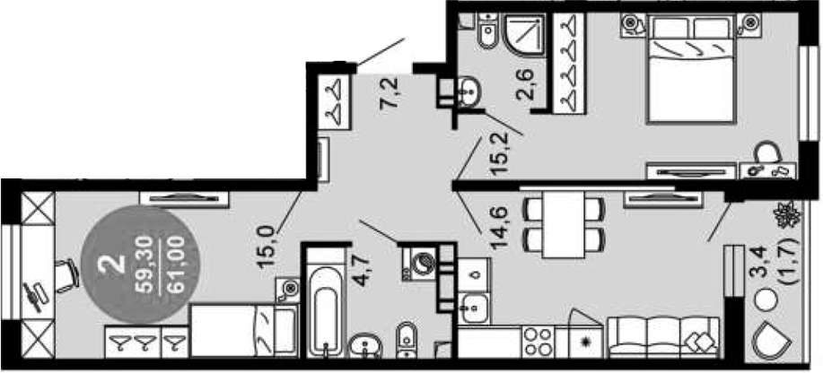 2-комн., 59.3 м², 8/12 этаж, ЖК «Флора»