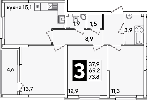 Продается 4-комн. квартира, 69.2 м²