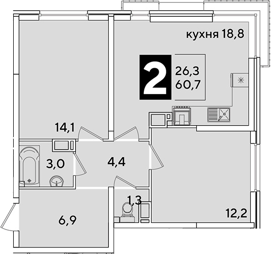 3-комн., 60.7 м², 13/16 этаж, ЖК «Самолет»