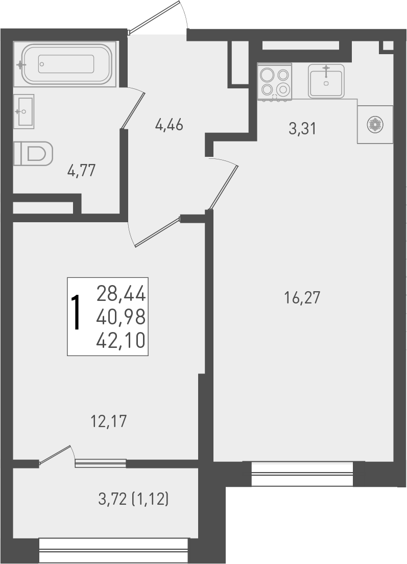 2-комн., 40.98 м², 7/9 этаж, ЖК «Югге»