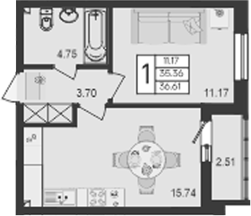 1-комн., 35.36 м², 2/9 этаж, ЖК «Дом 101»