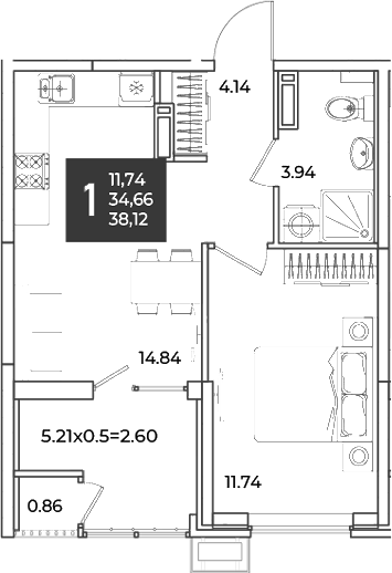 1-комн., 34.66 м², 11/18 этаж, ЖК «Образцово»
