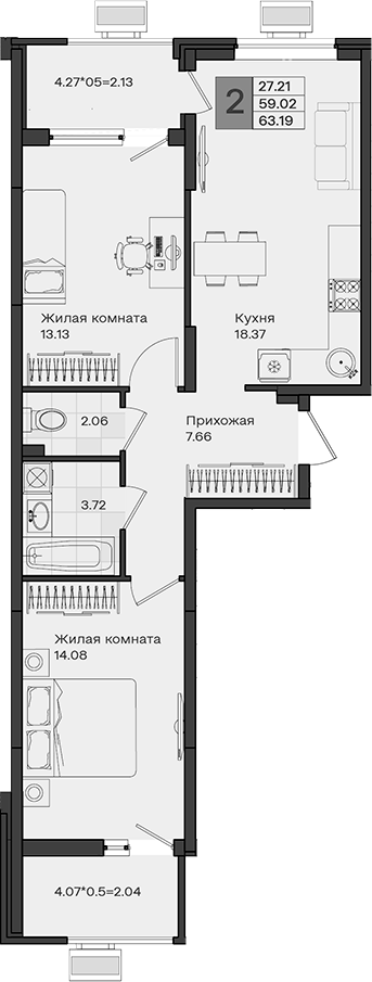 Продается 2-комн. квартира, 59.02 м²