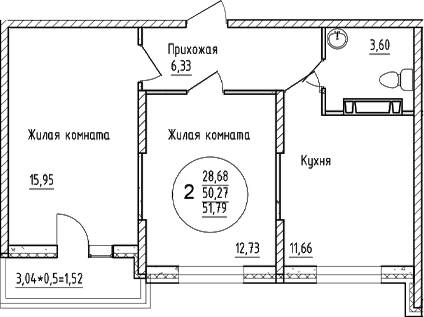 2-комн., 50.27 м², 2/16 этаж, ЖК «Друг»