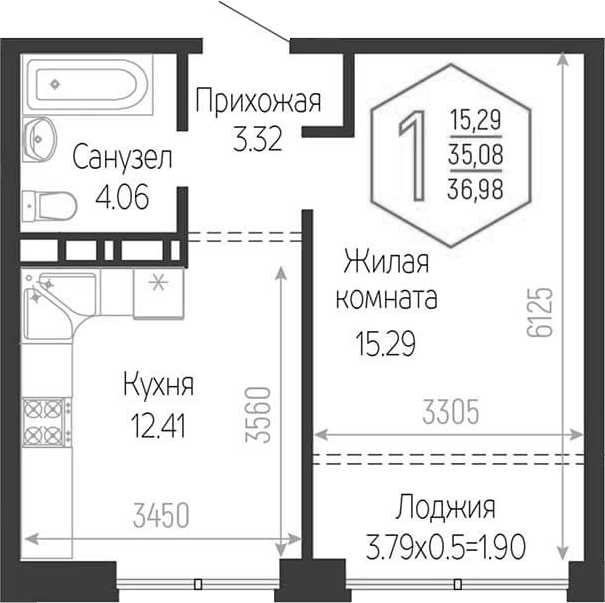1-комн., 35.08 м², 13/24 этаж, ЖК «Гарантия PRIME»