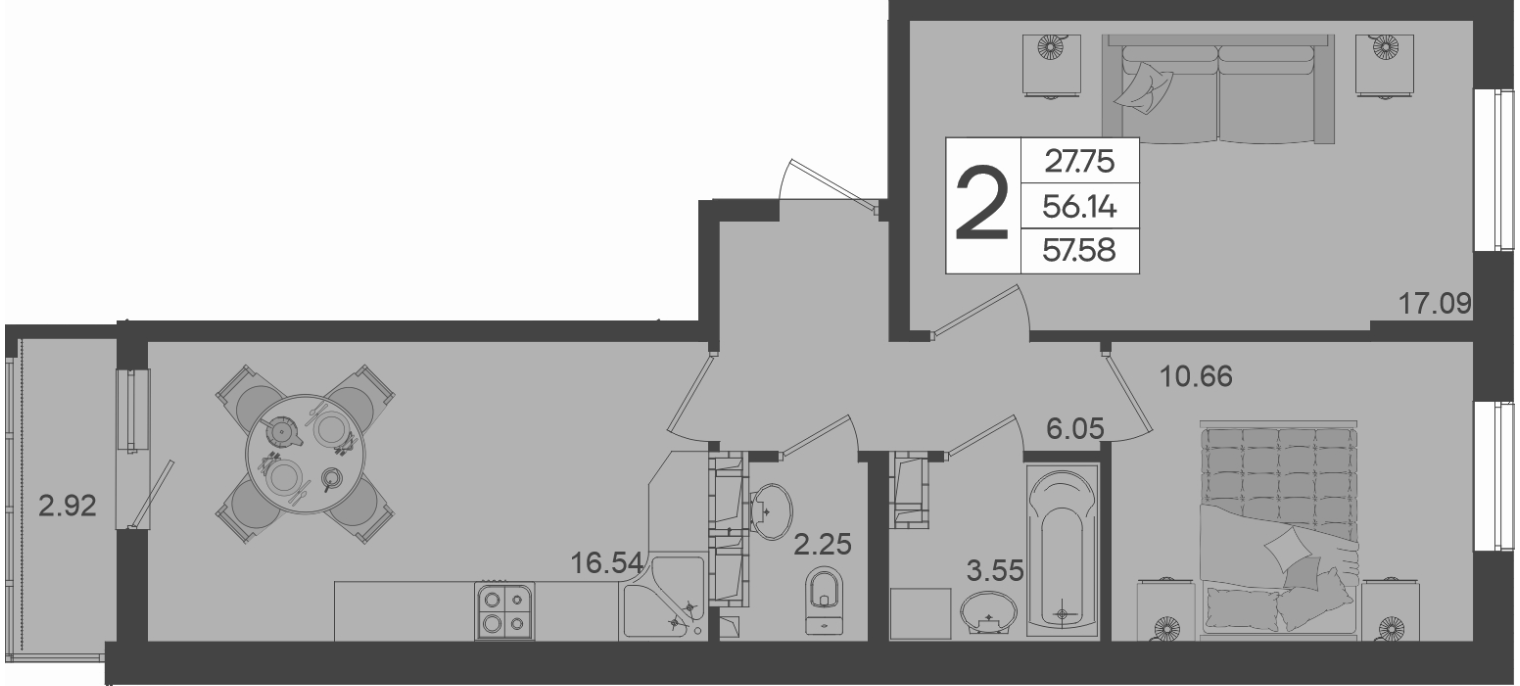 2-комн., 56.14 м², 4/18 этаж, ЖК «Дом 101»