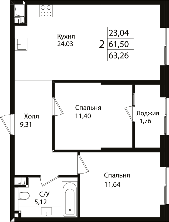 3-комн., 61 м², 13/18 этаж, ЖК «Патрики»