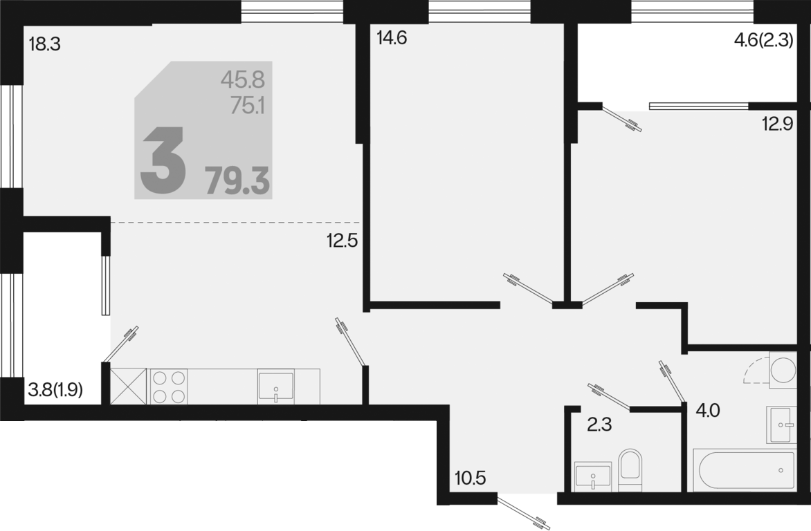 3-комн., 75.1 м², 2/9 этаж, ЖК «Первое место»