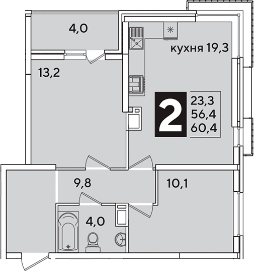 3-комн., 56.4 м², 12/16 этаж, ЖК «Самолет»