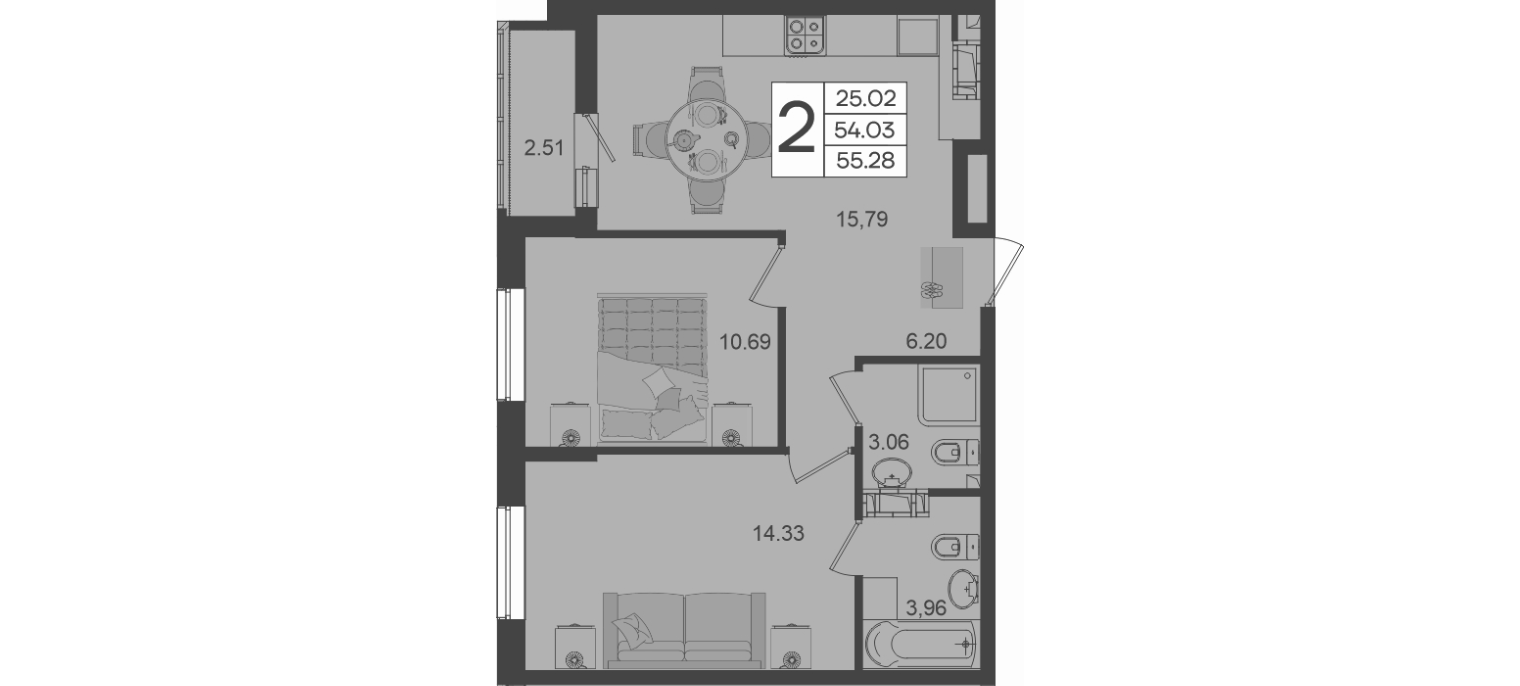2-комн., 54.03 м², 8/18 этаж, ЖК «Дом 101»