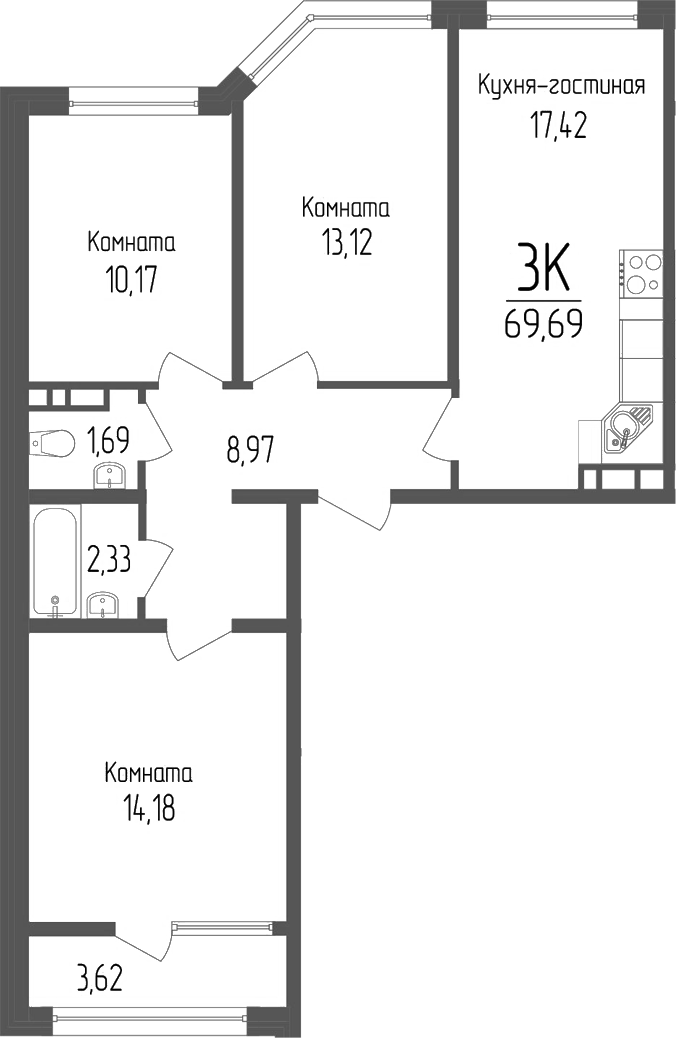 3-комн., 67.88 м², 3/14 этаж, ЖК «Портрет 2»