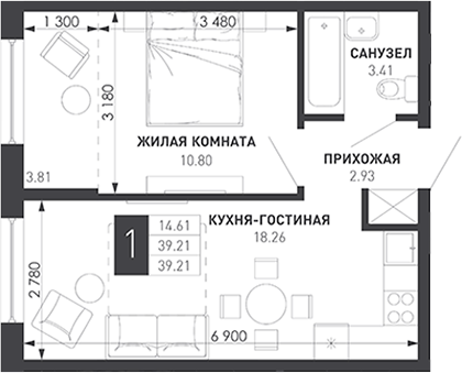 1-комн., 36.75 м², 4/9 этаж, ЖК «Иначе в Молодежном»