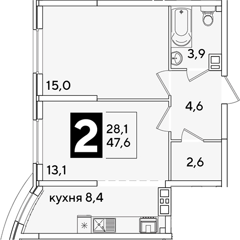 2-комн., 47.6 м², 7/16 этаж, ЖК «Самолет»