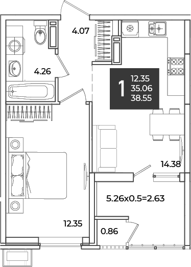 1-комн., 35.06 м², 12/18 этаж, ЖК «Образцово»