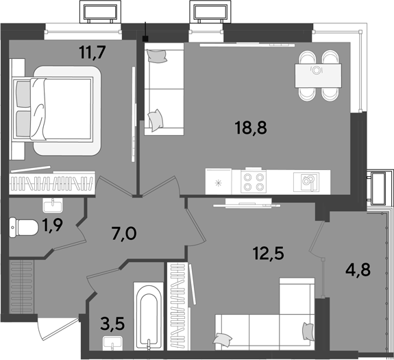 3-комн., 55.4 м², 2/9 этаж, ЖК «Парк Победы»