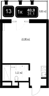 Студия, 31.1 м², 1/9 этаж, ЖК «ГК Кайрос»