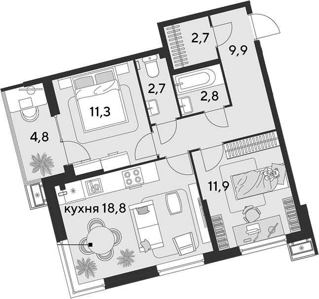 3-комн., 60.1 м², 2/18 этаж, ЖК «Парк Победы»