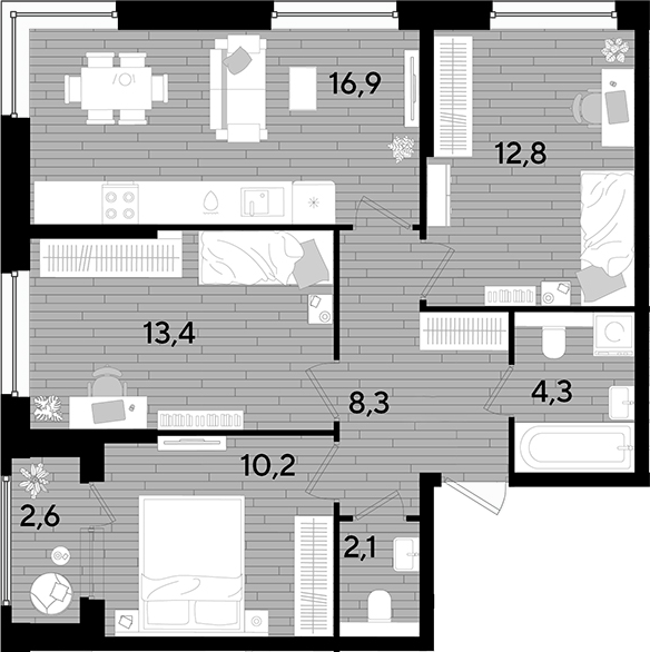 3-комн., 68 м², 2/16 этаж, ЖК «DОГМА ПАРК»