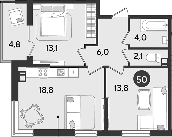 3-комн., 57.8 м², 3/16 этаж, ЖК «Парк Победы»