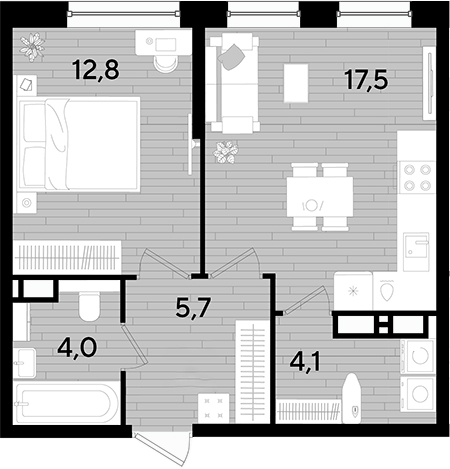 1-комн., 44.1 м², 12/16 этаж, ЖК «DОГМА ПАРК»
