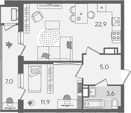 2-комн., 43.4 м², 22/24 этаж, ЖК «Рекорд»
